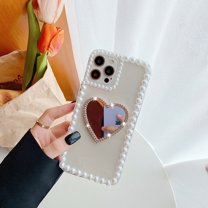 Elevate Your Style with the Acrylic Pearl Heart Mirror Rhinestone Mobile Phone Shell